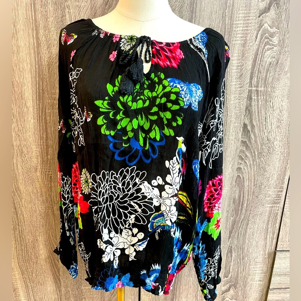 DESIGUAL Black & Floral Print Designer Blouse Longsleeve Flowy Top. Size M